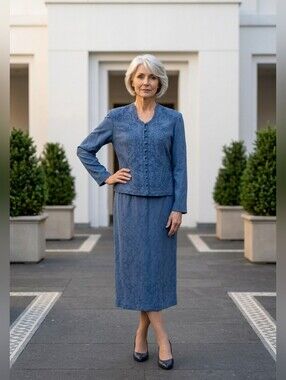 NWT VINTAGE karin stevens Dusty Blue Embroidered Midi Set Sz 16